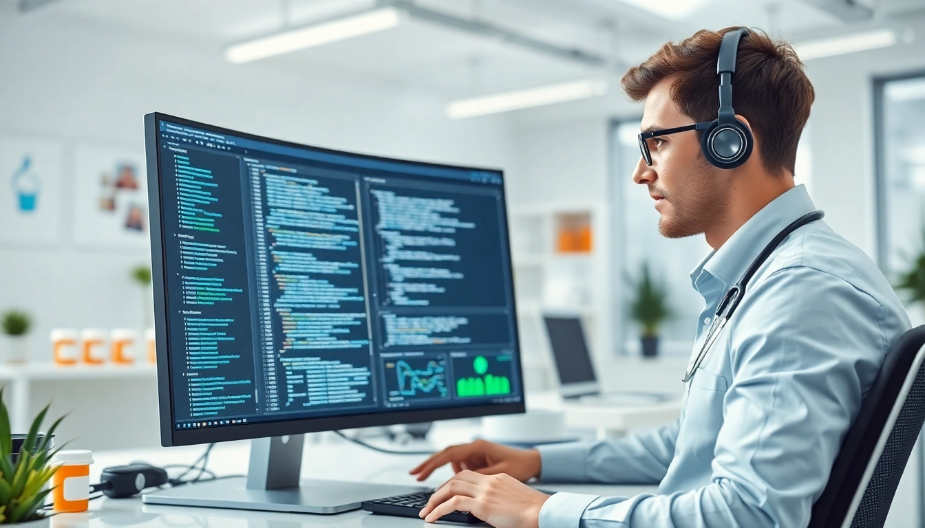 Developing an eprescription app development solution in a modern tech office setting.