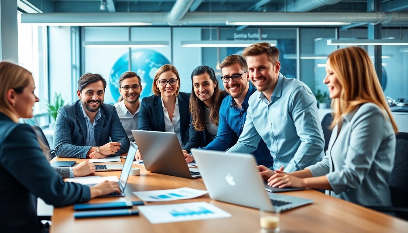 Engaging scene of smm services collaboration in a vibrant office, showcasing teamwork and digital strategy.