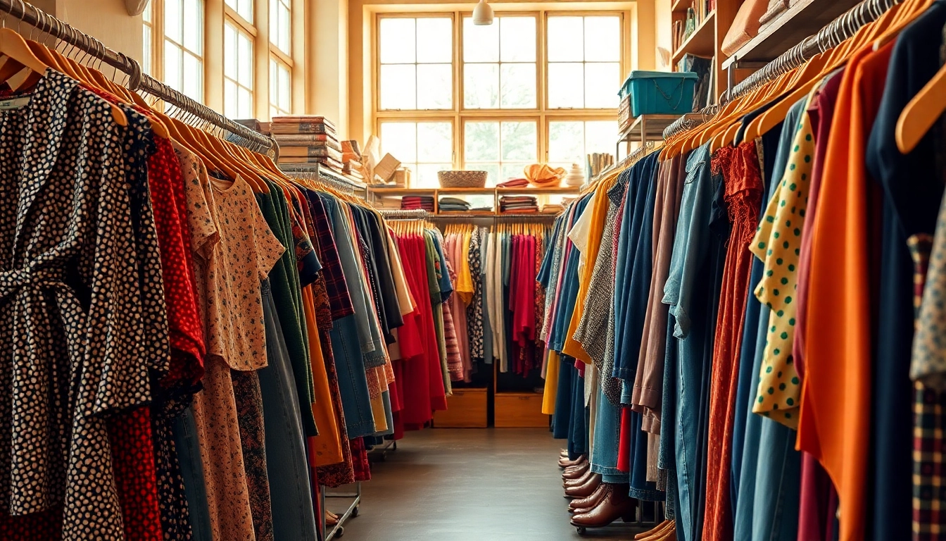 Shop for unique fashion finds at a thrift store Copenhagen with colorful displays of vintage clothing.