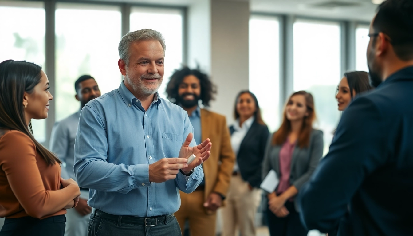 Engaged business coach los Angeles leading a dynamic discussion with entrepreneurs in a modern office.