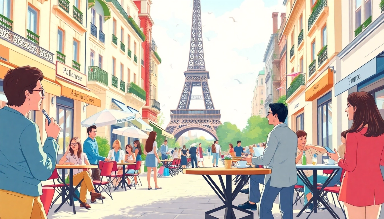 Illustration showcasing French verbs like 'aller' and 'être' in a lively Parisian setting.