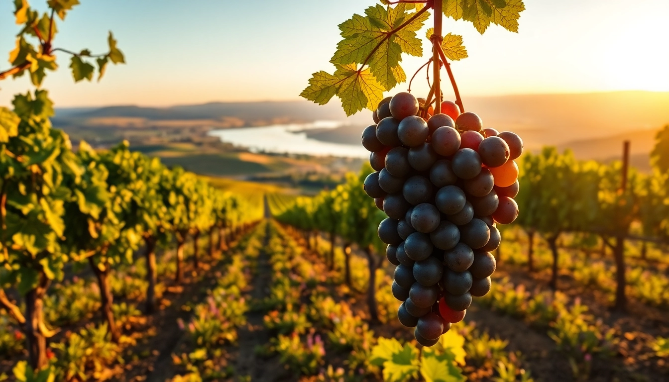 Experience the lush vineyards of Carksburg CA with ripe grapes under golden lighting.