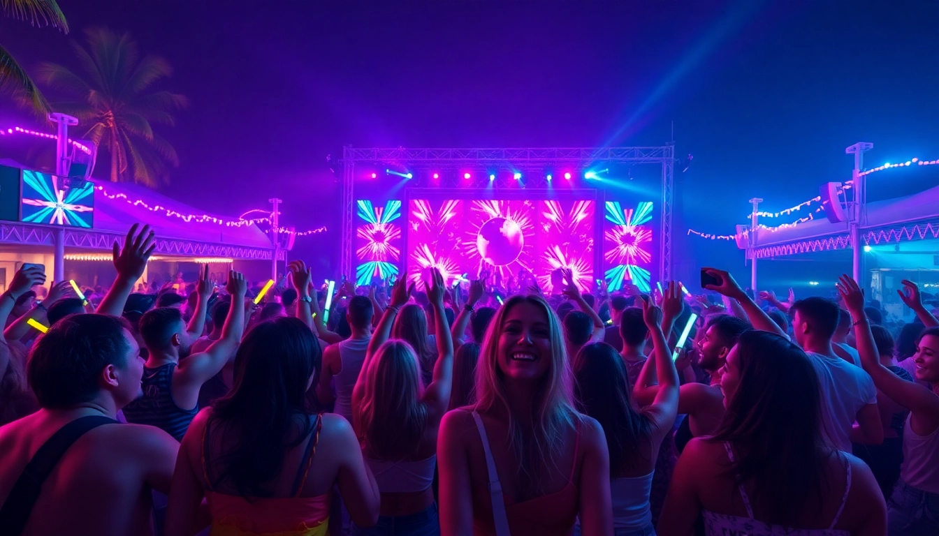 Dynamic Miami rave atmosphere with energetic dancers and vibrant lights.