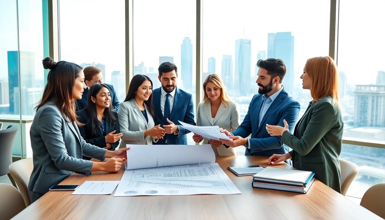 Engage with international business real estate professionals discussing strategies in a modern office.