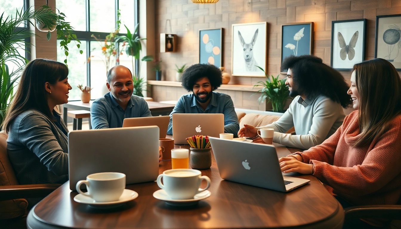 Engaged hosts collaborating on airbnb host forum at a cozy café environment.