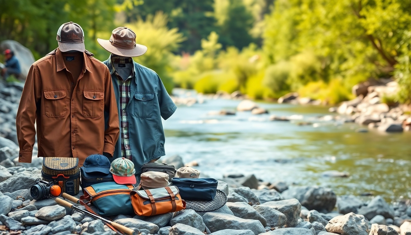 Showcase of Fly fishing apparel against a serene riverside backdrop, with vibrant colors and natural light.