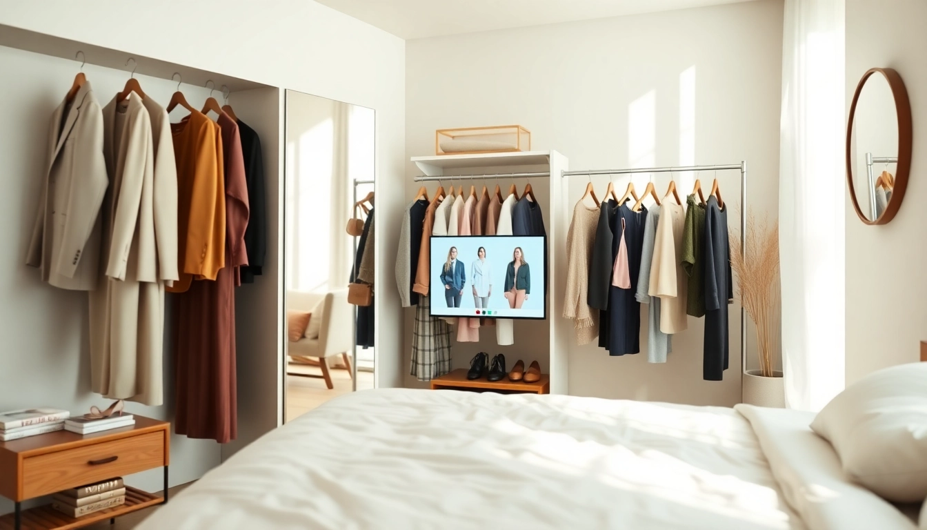 Organize your virtual closet with stylish outfits and accessories in a modern setting.